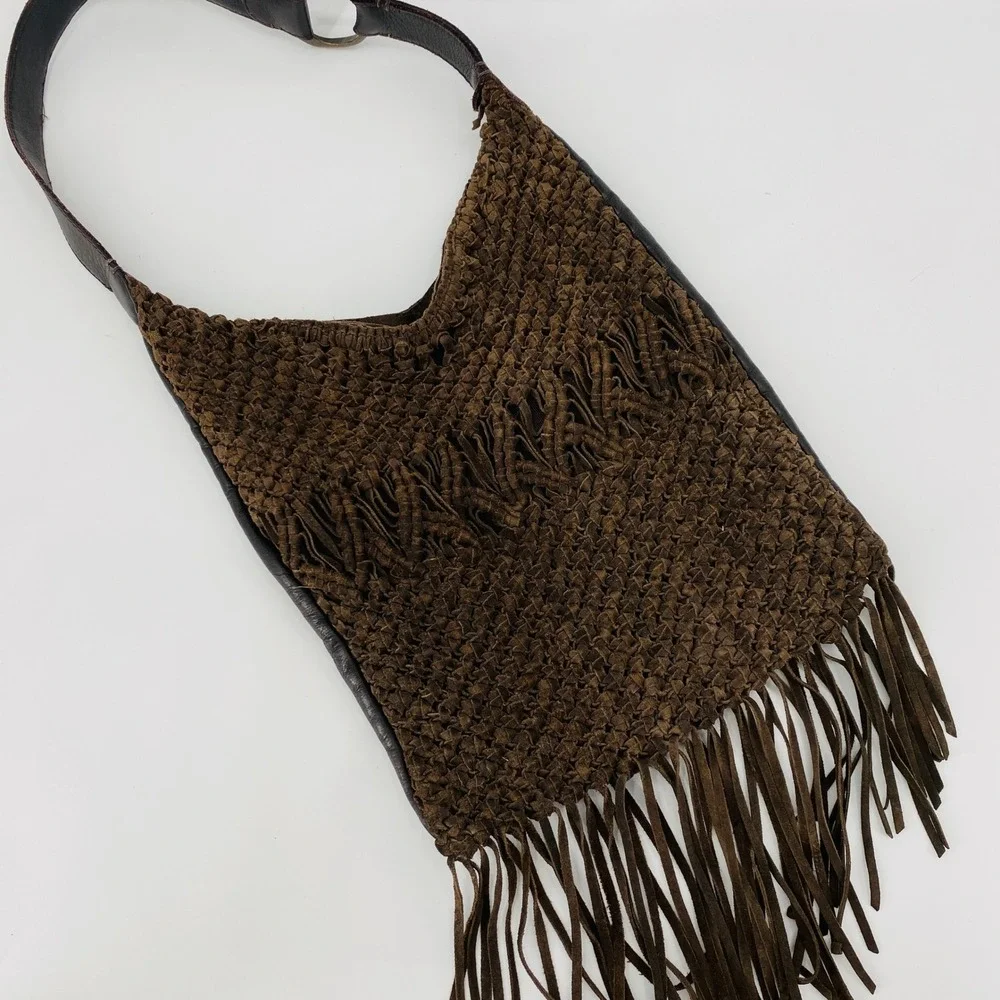 Lucky Brand Hobo Bag Womens OS Brown Suede Woven Fringe Leather Trim